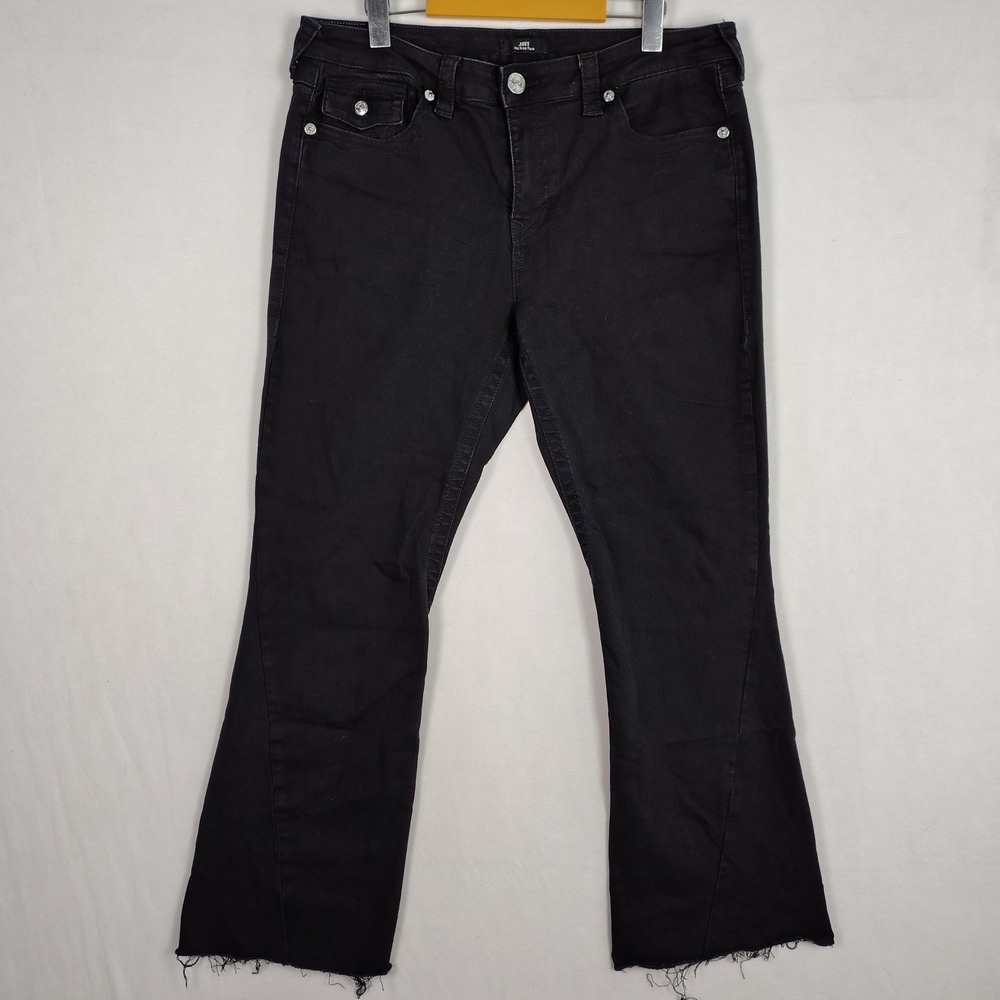 True Religion Joey Mid Rise Flare Jeans Black Raw Hem Size 34 Womens